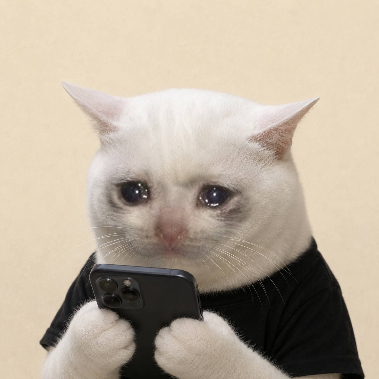 SADONFONE, a sad white cat in a black t-shirt scrolling on a phone